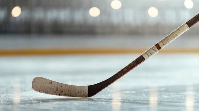 Hockey stick rests on smooth ice surface under bright arena ligh