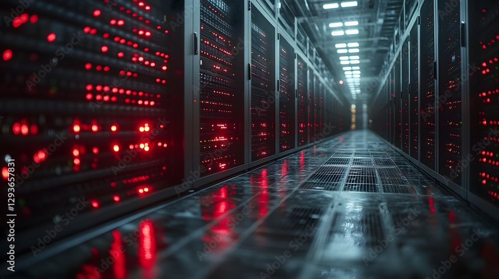 Aufkleber cyber data hub: a long hallway of server racks glows with a matrix of red lights, reflecting off a m
