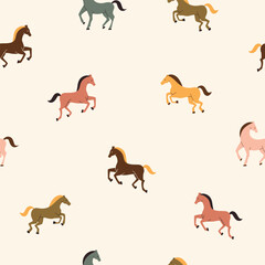 Horses flat vector seamless pattern. Purebreed mares and stallions decorative texture. Racehorses on background. Equine themed wallpaper, textile vintage design. Seamless vector background with horses