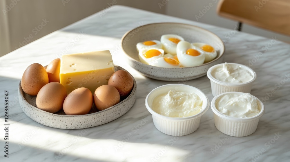 Aufkleber healthy breakfast ingredients like boiled eggs block of cheese and yogurt cups arranged neatly on a 