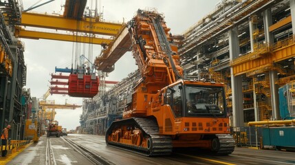 A large crane is parked alongside the road, showcasing its towering structure and industrial purpose in a bustling environment.