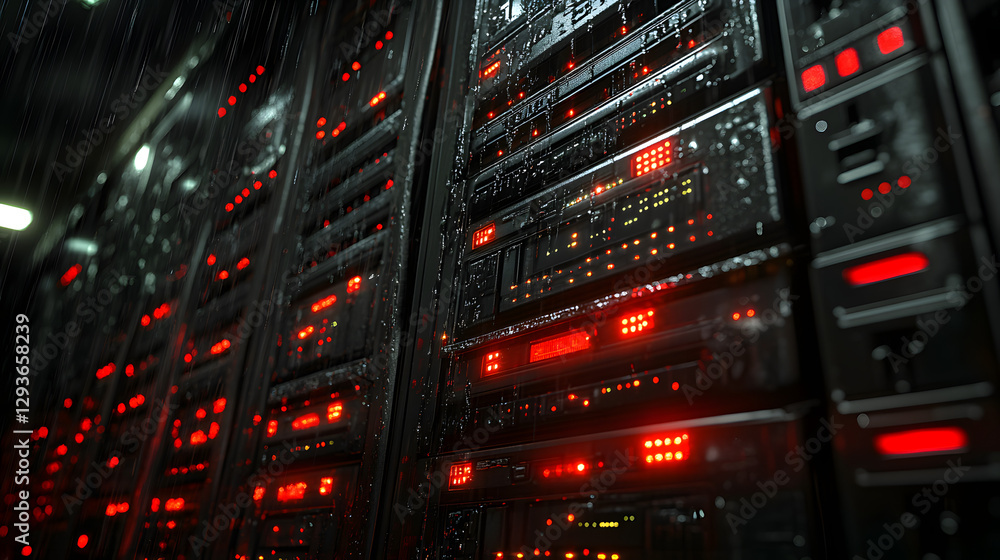 Poster red lights of server: a detailed close-up of a modern server room, dominated by rows of blinking red