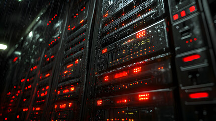 Naklejka premium Red Lights of Server: A detailed close-up of a modern server room, dominated by rows of blinking red lights and intricate hardware, showcasing the complex technology behind digital operations