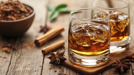 Two elegant glasses of whiskey rest on a polished wooden table, showcasing a rich amber hue and inviting ambiance for relaxation and enjoyment.