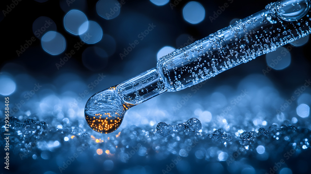 Poster precision drop: a macro shot captures a clear pipette dispensing a single drop, sparkling on a textu