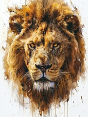 an ultra realistic painting of a male lion, head and shoulders only, plain white background, lots of paint runs and large brush marks