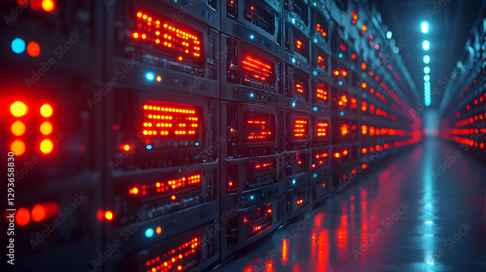 Poster digital data center: a high-tech, modern data center showcases rows of server racks glowing with red