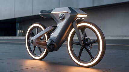 A futuristic bike with glowing wheels and smart features.
