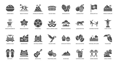  brazil symbols set glyph icons, food landmarks cultural elements