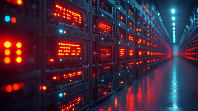 Digital Data Center: A high-tech, modern data center showcases rows of server racks glowing with red and blue lights, conveying the essence of technology and data storage.