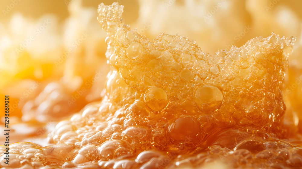 Poster golden bubbles: a close-up shot of a golden liquid with frothy bubbles, creating an abstract and inv