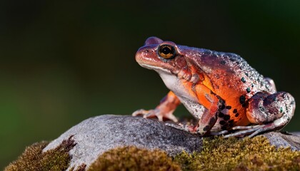 Naklejka premium Iberian Frog Rana iberica Perched on Rocky Outcrop, Spain A Vivid Portrait of Natures Camouflage Master in Authentic Spanish Landscape at Dusk