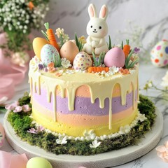 Easter cake,.  The top is adorned with a playful Easter garden scene, complete with fondant bunny figurines, tiny edible carrots nestled in "dirt" made of crushed cookies