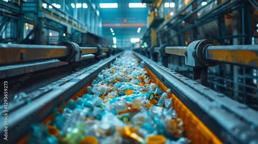 Poster plastic bottles and containers are flowing along a conveyor belt in a waste processing facility. the