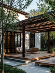 Fototapeta premium Modern backyard features a wooden deck and pergola