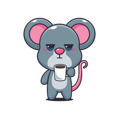 Mouse cartoon vector illustration is tired and sleepy holding coffee