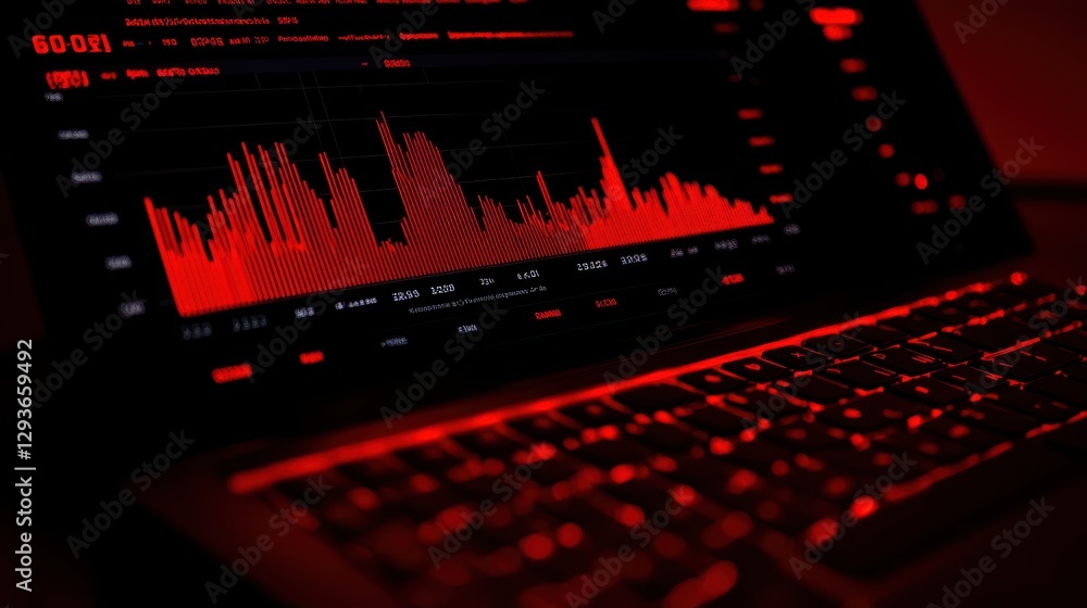 Poster a focused image of a laptop computer illuminated by a striking red light, highlighting its sleek des