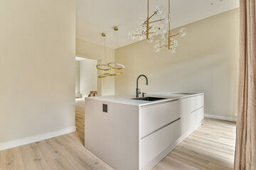 A sleek, contemporary kitchen showcasing a minimalist design with elegant fixtures and warm wooden flooring, creating an inviting atmosphere.