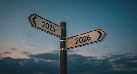 Fototapeta premium Directional Signpost Showing 2025 and 2026 New Year Future Choice Decision Path