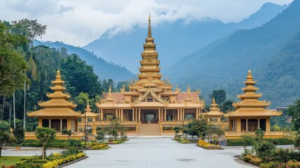 Fototapeta premium Aerial view of a majestic building featuring a striking golden roof and a prominent steeple, showcasing architectural elegance and grandeur.