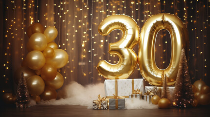 Ballon de baudruche dor&eacute; et argent, avec chiffre et lumi&egrave;re. 30 ans. Anniversaire, f&ecirc;te, c&eacute;l&eacute;bration. Pour conception et cr&eacute;ation graphique.