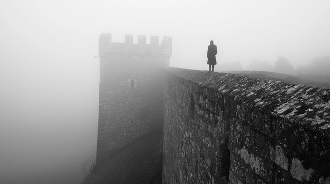 A man stands on a wall in front of a castle