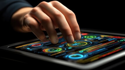Fototapeta premium A person interacts with a tablet featuring a bright, illuminated screen, showcasing technology and digital engagement in modern life.