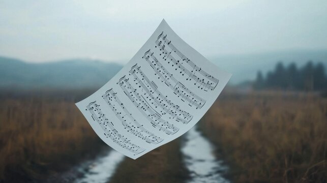 A sheet of music is floating in the air over a field