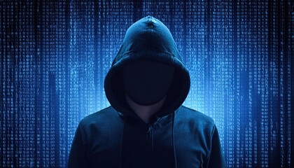 Mysterious hooded figure standing against a digital binary code background, representing cyber security, hacking, and digital crime concepts 