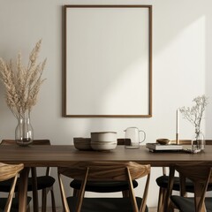 A wooden dining table with a white framed picture on the wall. There are several vases on the table, and a few books are placed on the table as well
