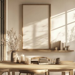 A table with a vase of flowers, candles, and books. A white framed picture is on the wall