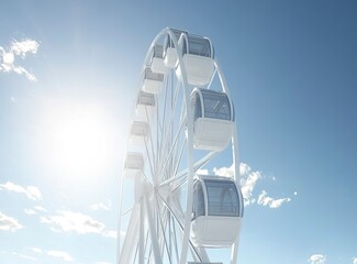 White Ferris wheel against blue sky with sun rays. Low-angle view of a modern Ferris wheel in an amusement park or festival, a travel and summer vacation concept. Stock photo, 2/3 space for text.