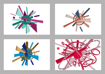 Volumetric multi-colored geometric shapes. Abstract geometry. Set of 4 designs. Background or cover design, vector.