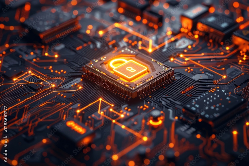 Poster glowing padlock on a digital circuit board to represent advanced cybersecurity