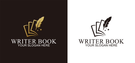 vector book with quill pen, design with golden brown nuance, suitable for business logo, or company related to writers, art, and drawing
