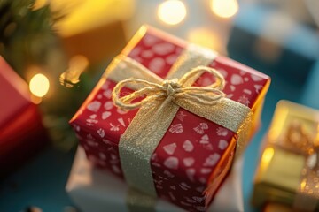 A wrapped Christmas present sits on a table beside a decorated Christmas tree