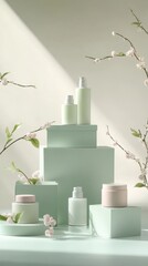 Elegant product display featuring an arrangement of luxurious gift boxes and skincare essentials, including cream jars and lotion bottles, placed on podiums of varying heights.Spring touch. 