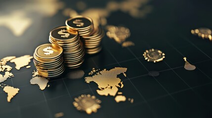 A close-up of stacked gold coins on a map, symbolizing global finance and wealth accumulation.