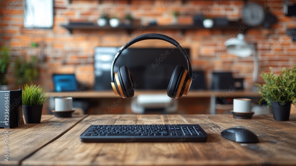 Aufkleber a sleek computer keyboard alongside modern headphones is neatly arranged on a stylish desk, creating