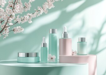 Elegant product display featuring an arrangement of luxurious gift boxes and skincare essentials, including cream jars and lotion bottles, placed on podiums of varying heights.Spring touch. 
