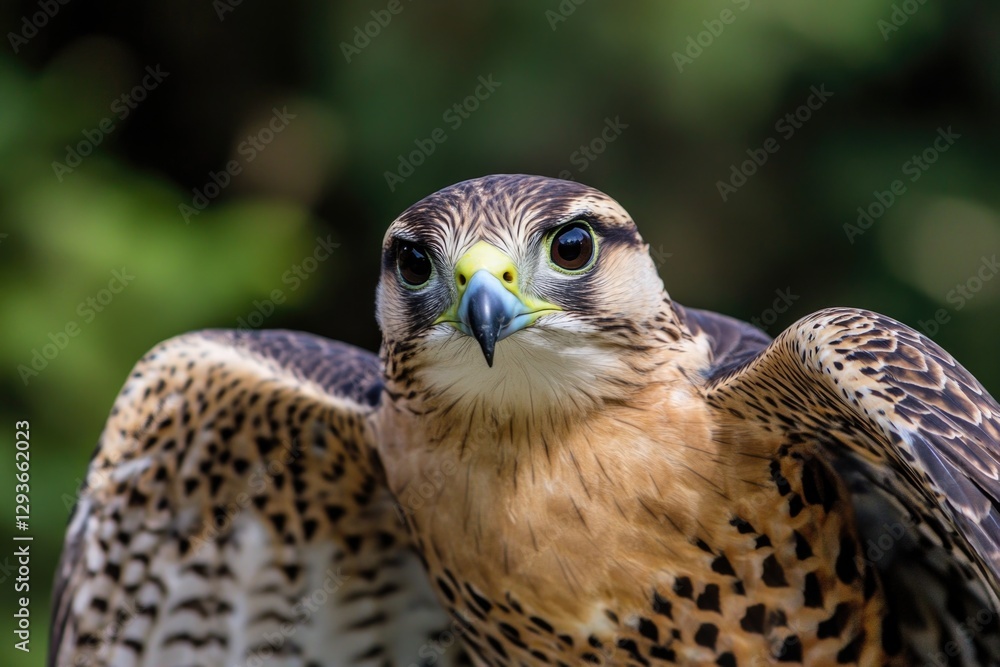 Poster a close-up shot of a bird of prey with its wings spread wide, perfect for use in wildlife or nature-