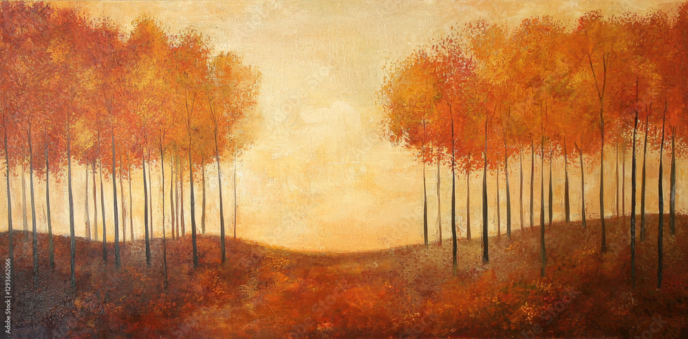 Aufkleber a painting of a forest with trees in the foreground and background