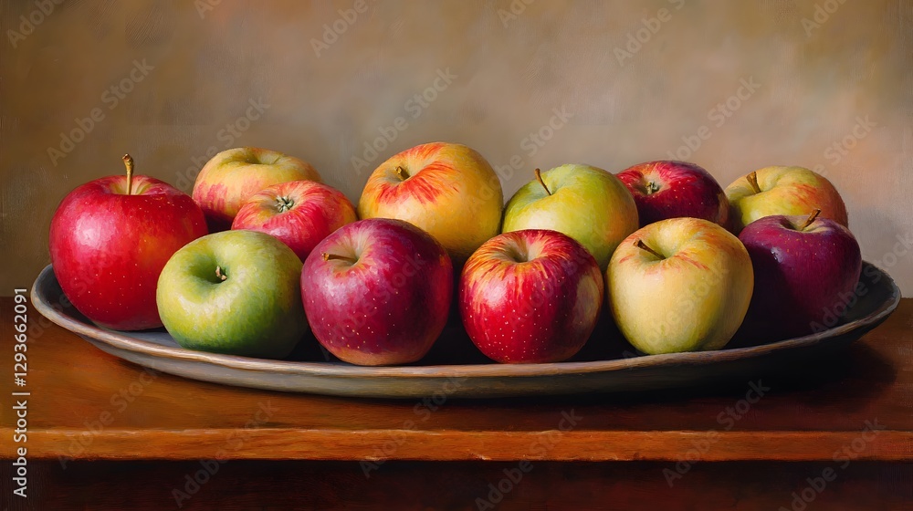 Poster assorted apples in a rustic bowl on a wooden table