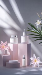Elegant product display featuring an arrangement of luxurious gift boxes and skincare essentials, including cream jars and lotion bottles, placed on podiums of varying heights.Spring touch. 