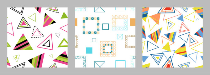 Seamless pattern of geometric shapes. Bright seamless pattern. Set of 3 patterns. Design for fabric, wallpaper, wrapping paper. Vector