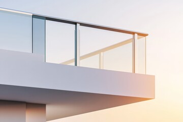 Fototapeta premium Modern Glass Balcony Sunset View - Modern architecture, glass balcony, sunset, urban living, contemporary design. Symbolizes elegance, luxury, tranquility, openness, and panoramic views