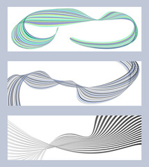 Wavy lines or ribbons. Set of 3 backgrounds. Multicolored striped gradient. Creative unusual background with abstract gradient wave lines to create a trendy banner, poster. vector eps