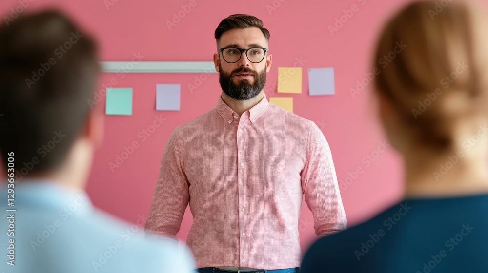 Poster professional leader directing colleagues attention to colorful sticky note board in modern technolog