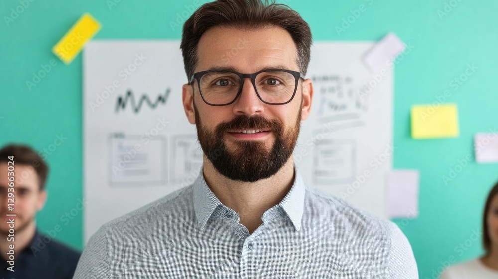 Poster business leader standing in front of a whiteboard covered in project notes gesturing towards the boa
