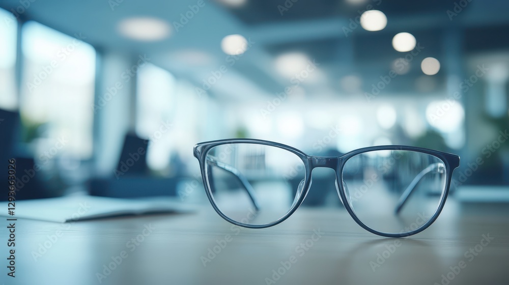 Poster a pair of glasses rests on a table in a well-lit room, highlighting its elegant design and inviting 